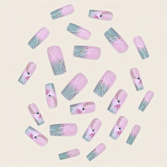 24pcs Set of Long Square Purple Gradient Press-On Nails with Floral Print Design - Picture 3 of 6